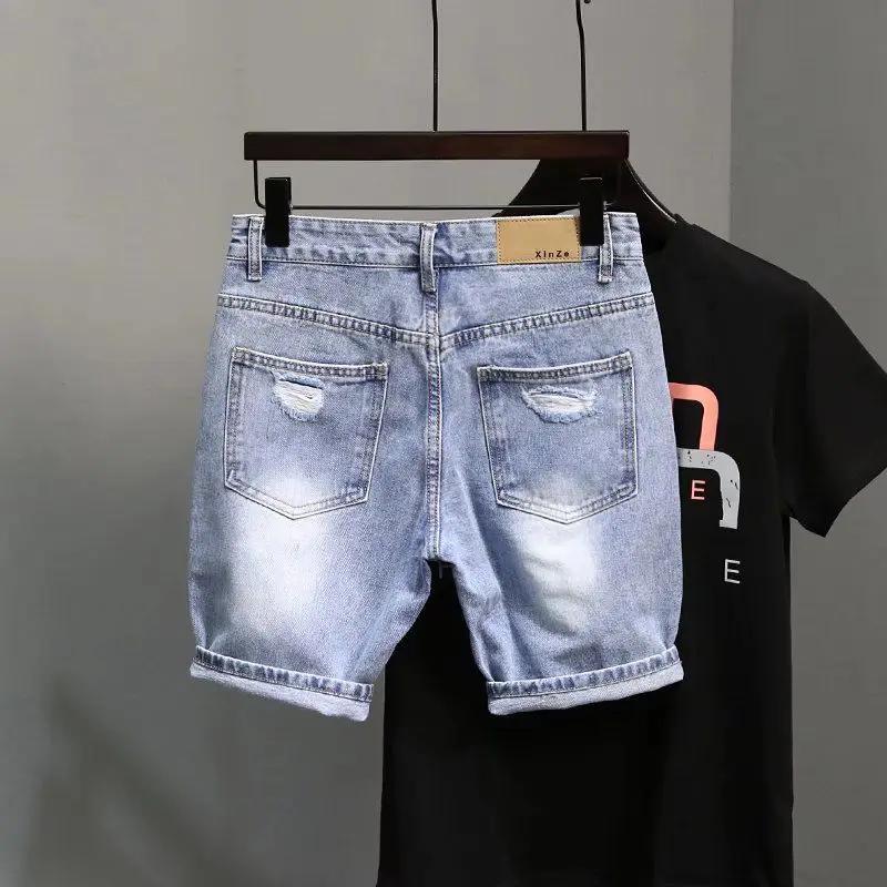 Trendy Denim Shorts For Men Summer Style Thin Fit Hip Hop Brand Ins Small Group Medium Length Trousers