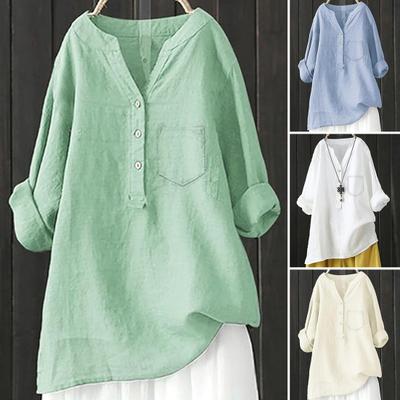 Frauen Shirt V-Ausschnitt Knopf Detail 45720 Ärmel Pullover Tops Einfarbig Lose