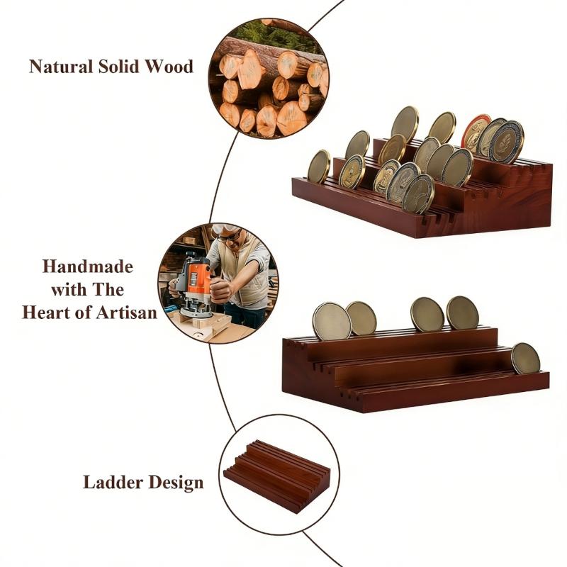 Secure Wood Coin Collection Display Stand Trapezoid Multi Layer with Stable Base for Family Safe Environments