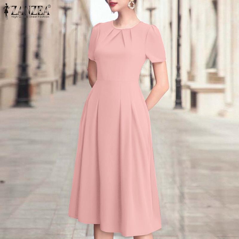 ZANZEA Vestido informal de verano para mujer, con cuello redondo y manga corta
