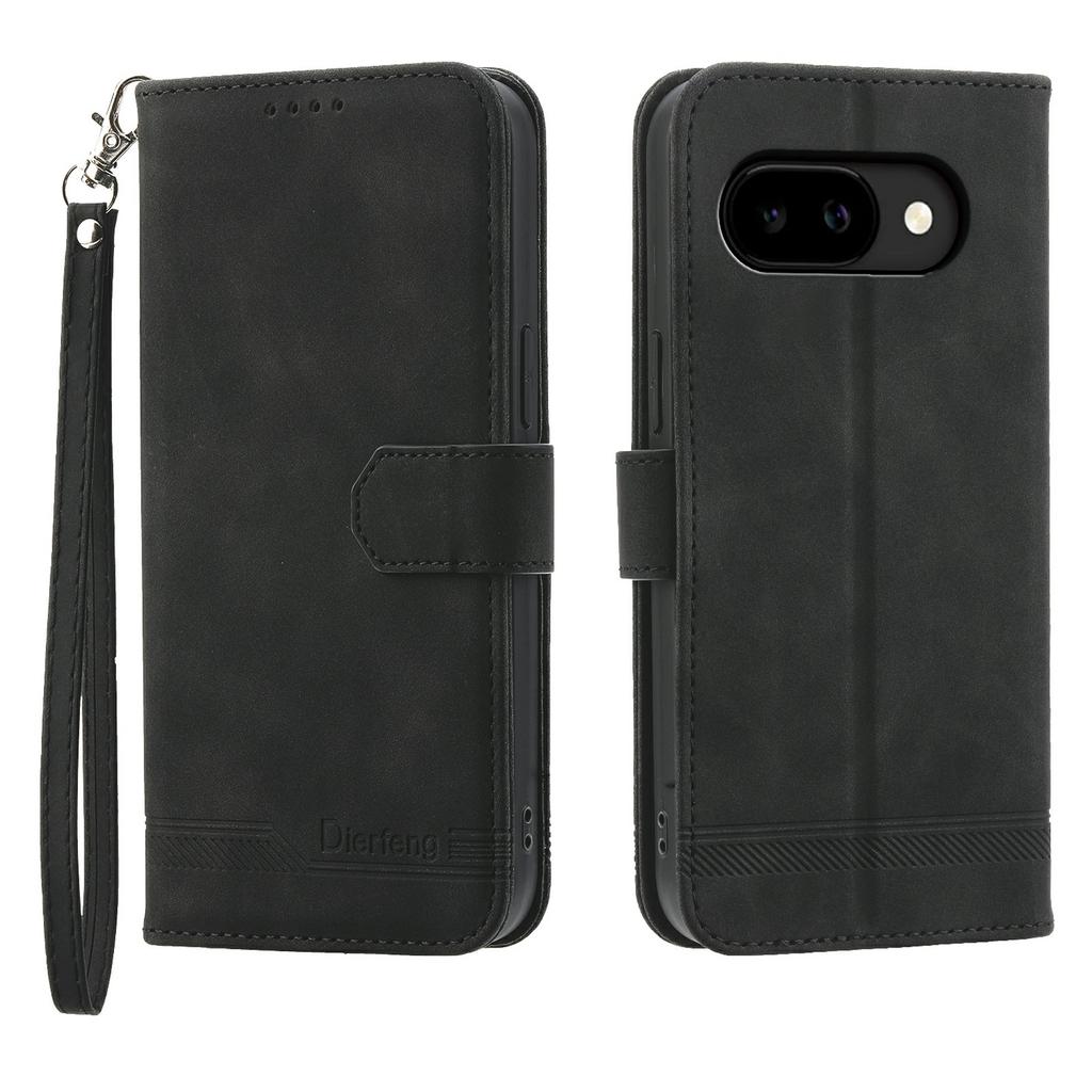 DIERFENG DF-03 For Google Pixel 10a Case Lines Imprint Wallet Leather Phone Cover with Wrist Strap