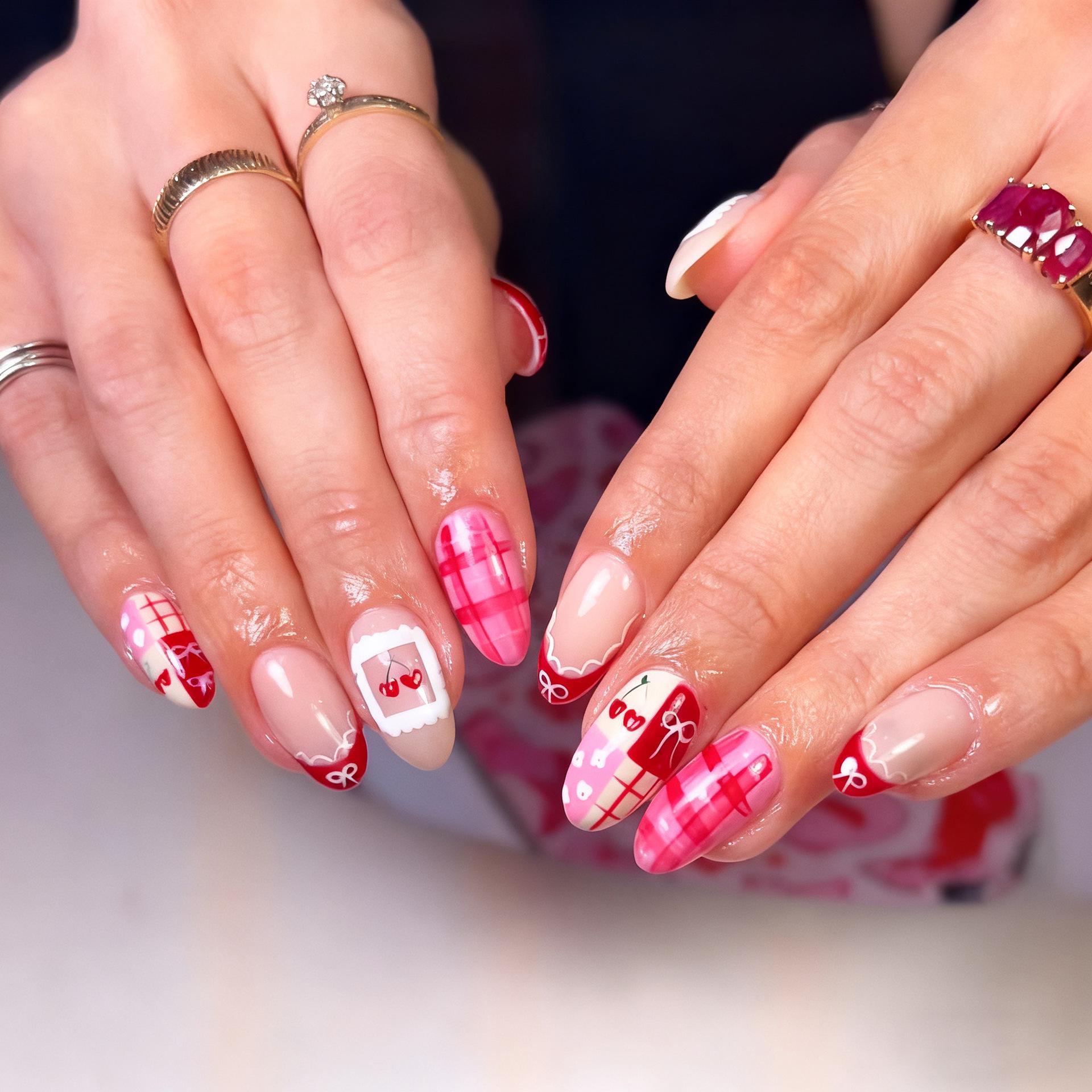 

Set of 30 Valentine s Day Oval Nail Art Tips with Cute Painted Cherry and Bow Design