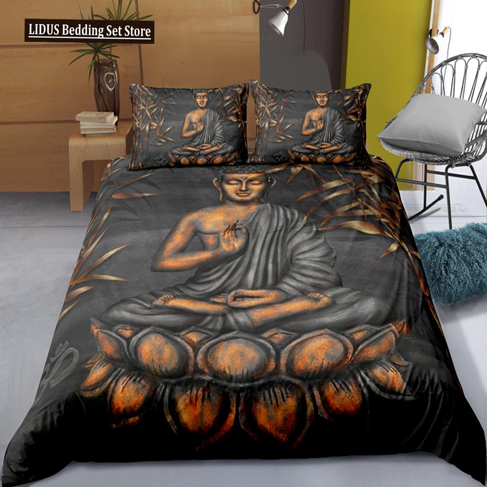 Mandala Buddha Duvet Cover Set King Size Exotic Ethnic Bohemian Bedding Set Golden Black Lotus Flowers Gorgeous Comforter Cover