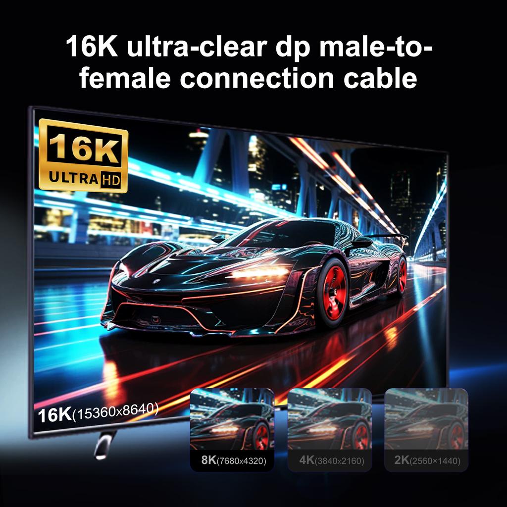 16K DisplayPort Verlängerungskabel, DP 2.1 Stecker auf Buchse Adapterkabel 54 Gbit/s, 16K@30Hz 8K@60Hz Kompatibel mit PC, Laptop, Monitor, TV, Projektor