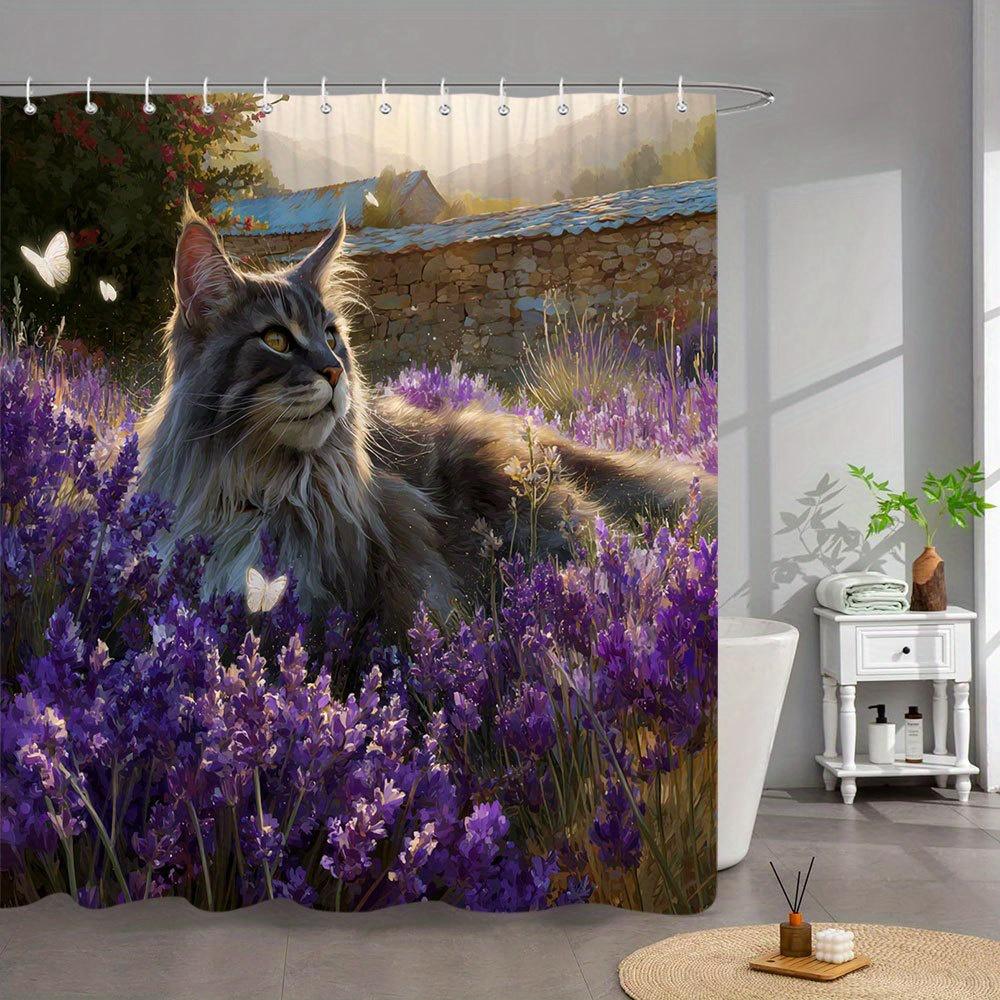 

1pc Maine Coon Cat Shower Curtain - Extra Long Bath Curtain with Lavender Field, Butterflies, Rustic Stone Wall - Gray & White 90x180cm