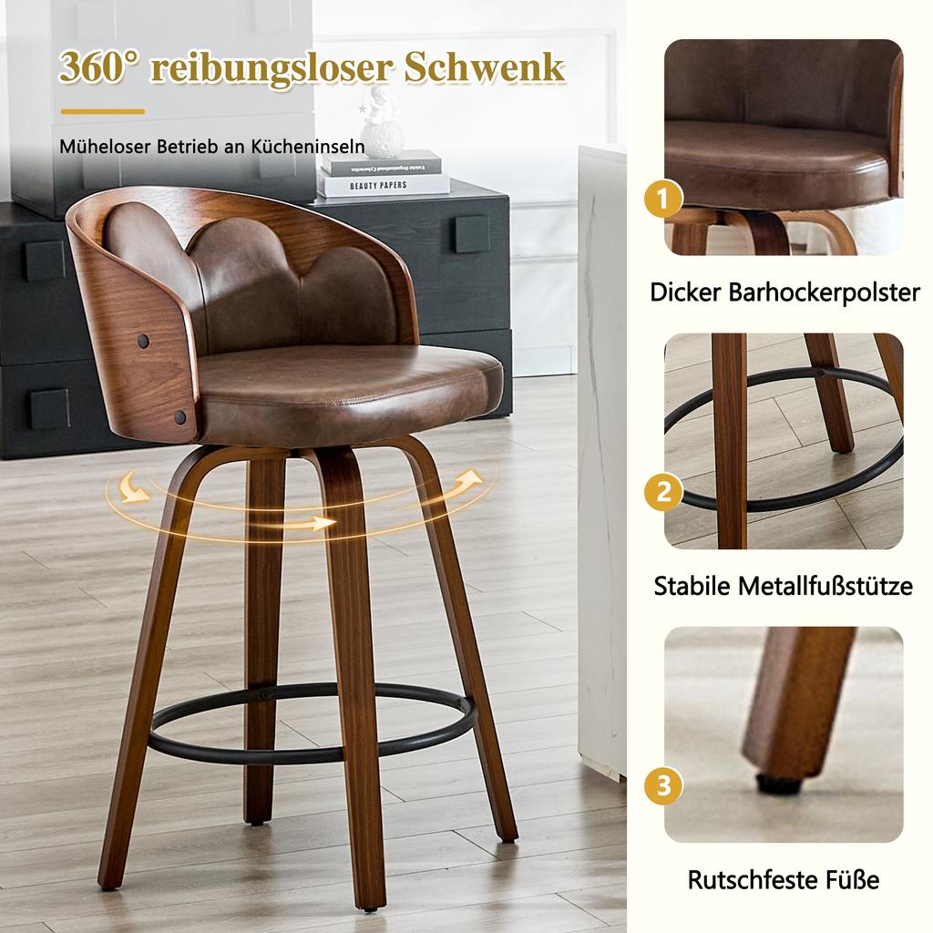 Set di 2 sgabelli da bar con schienale a forma di fiore, legno curvato, ecopelle PU, poggiapiedi in metallo, moderni