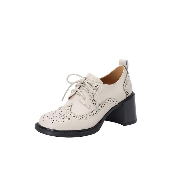 

Fashion New Spring Genuine Leather Women Shoes Round Toe Women Pumps Shoes for Women Zapatos Mujer Brogue Designs Lace Up High Heels 34 бежевый
