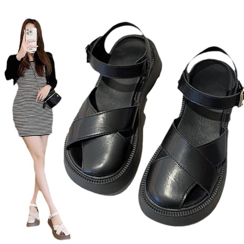 Muffin thick-soled bag head sandals women's summer new retro hollow one-word sandals with buckle