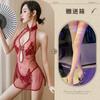 New European and American erotic underwear, sexy lace slit uniform mesh classical embroidered cheongsam set