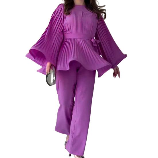 2 Teile/satz Frauen Top Hosen Plissee Horn Ärmeln Lace-up Bogen Enge Taille Big Saum Rundhals