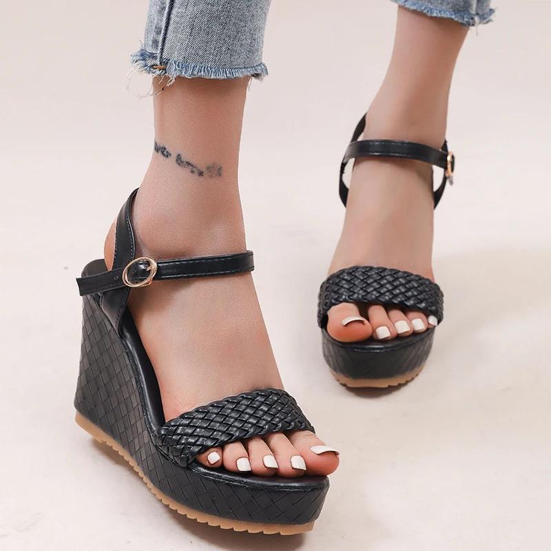 Fashion Woven Pu Leather Black Sandals for Women Summer 2025 Back Strap High Heel Sandal Female New Open Toe Platform Sandalias Mujer