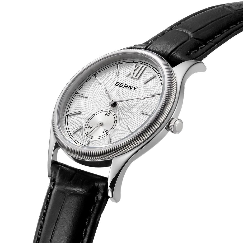 BERNY Waterproof Analog Quartz Watch with Roman Stainless Steel Case and Genuine Leather Strap Men's Numerals,
