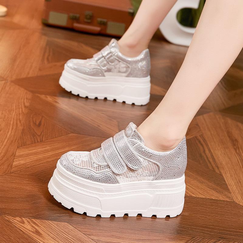 Fashion 10CM Women's Thick Heel Slip-On Shoes Spring Summer Style Breathable Mesh Upper Crystal Decorated Platform Sandals Comfortable