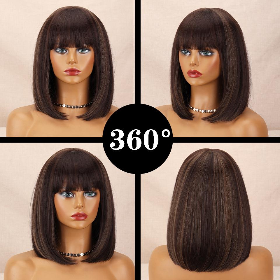 MISSQUEEN Synthetic Brown Gradient Bangs Bob Wig Shoulder-length Straight Wig Suitable for Female Role Daily Wig Heat-resistant Fiber