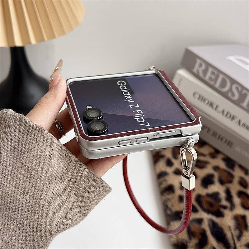 Samsung ZFLIP7 Leopard Print Case with Silver Edge & Hand Strap - Fits ZFLIP6/5
