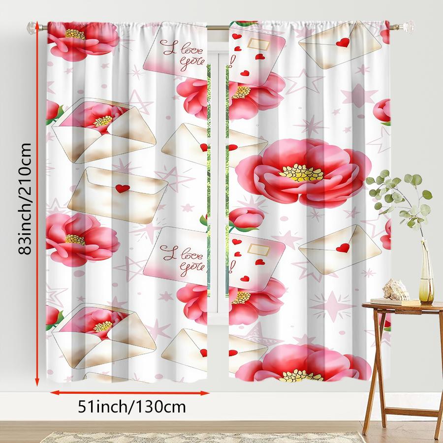 2pcs Romantic Flower & Love Letter Curtains, Perfect for Valentine's Day Window Decor, Rod Pocket Curtains