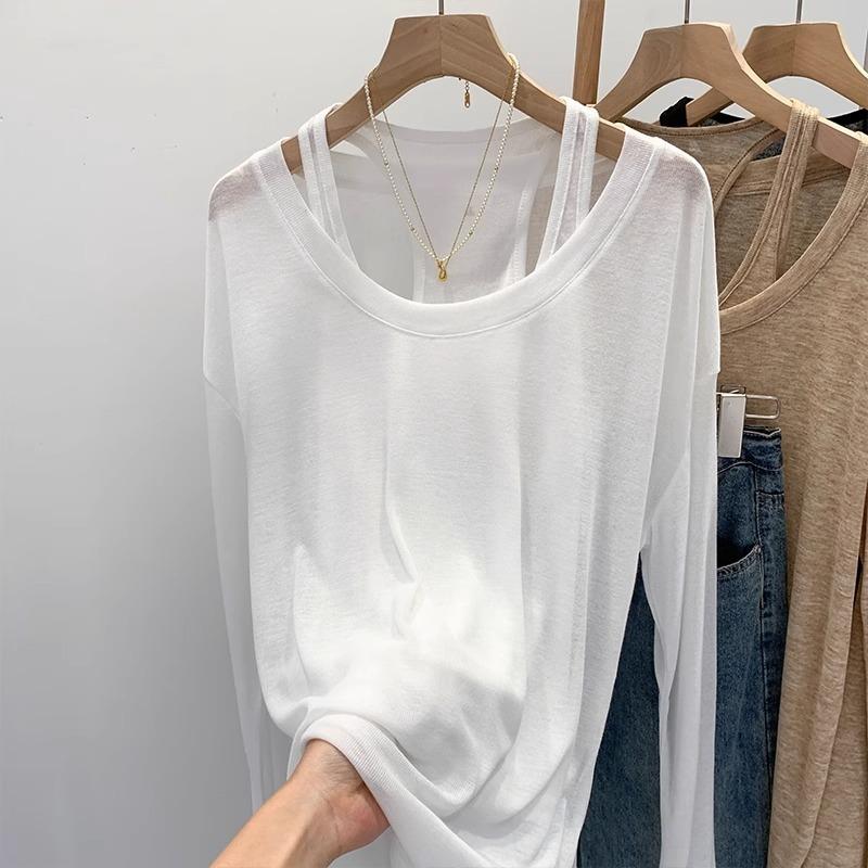 Summer fashion sunscreen suit women's oat color white meat loose long-sleeved blouse Spice girl sleeveless vest