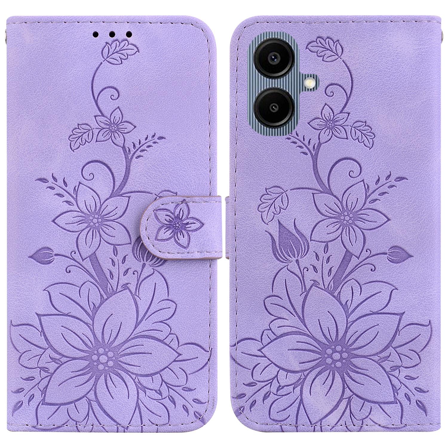 

For Samsung Galaxy A07 5G Stand Case Lily Flower Imprint Leather Phone Cover with Wrist Strap Purple