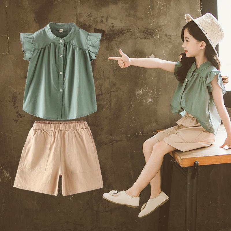 Teenager Summer Kids Girls Clothes Flying Sleeve Blouse Shirt + Short Leisure Loose Pants Teens 7 8 9 11 12 13 14 Years