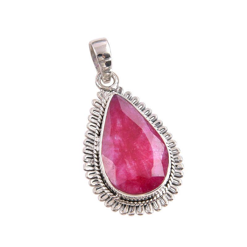 Red Ruby(Simulated) Gemstone Handmade 925 Sterling Silver Pendant 1.75" C5k46