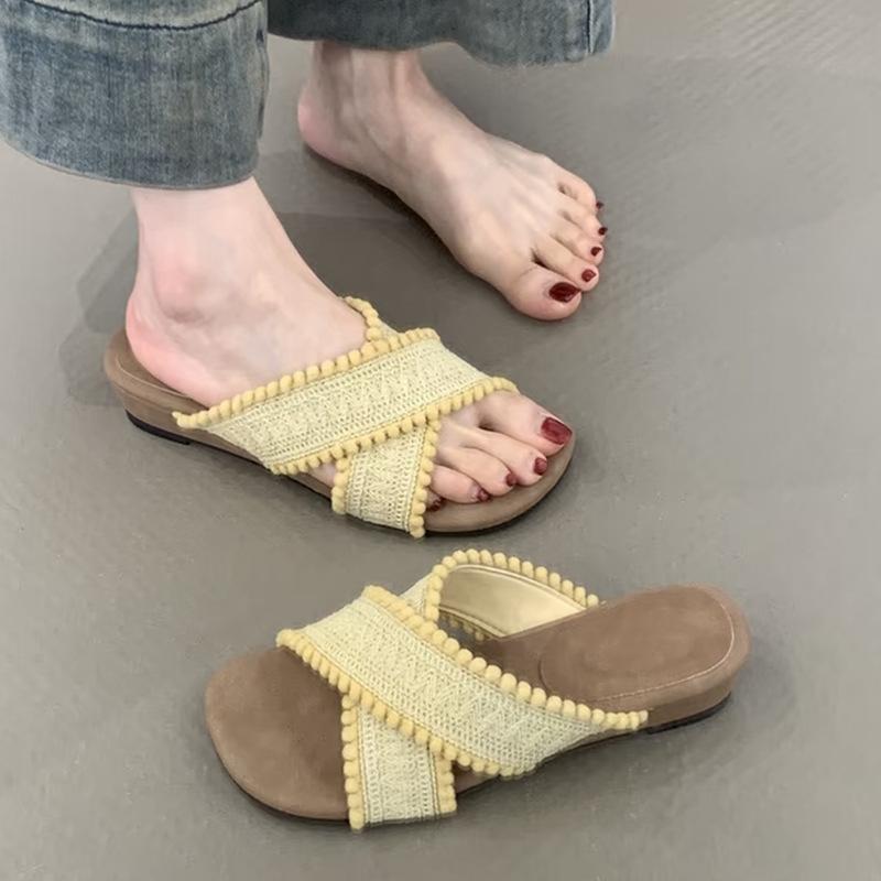 

Римские плетеные тапочки-крестики 2025 лето нежные фея богемные отпуск пляж танкетка прохладные тапочки 35