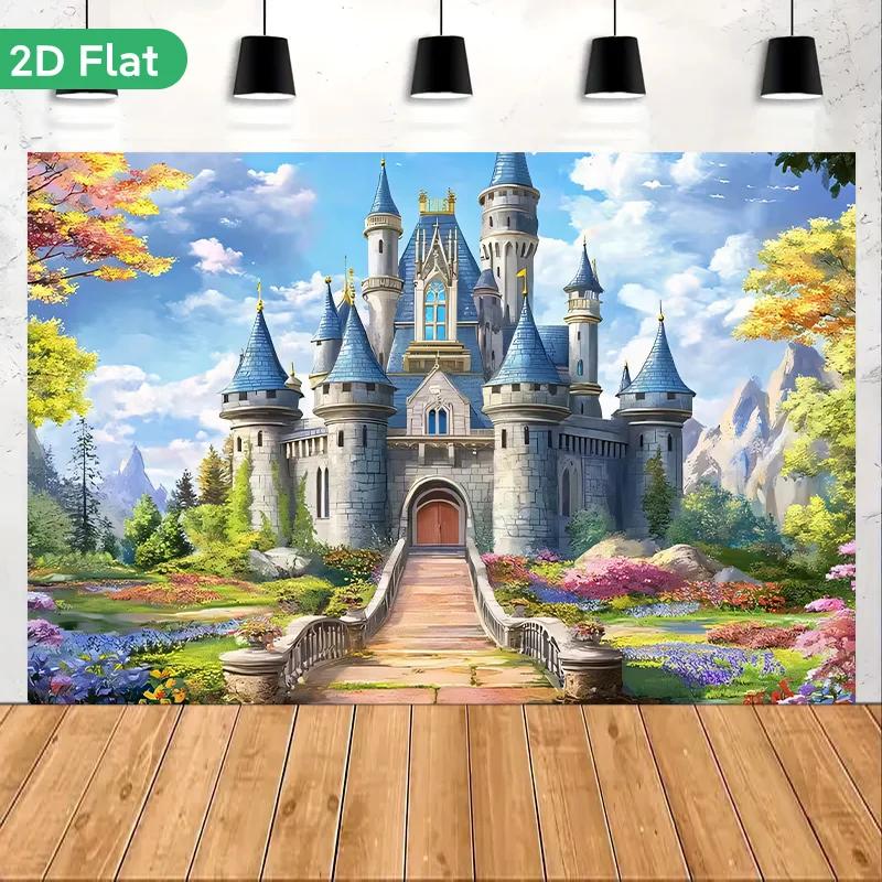 1 Piece of 2D Flat Banner Background Fabric Fairy Tale Castle Birthday Banner Polyester Material Photo Hanging Fabric