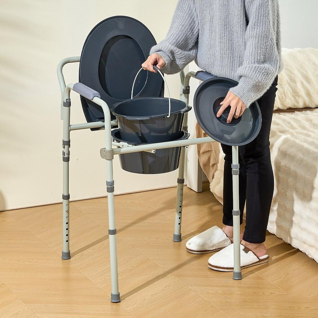 Commode Chair, Bedside Commode with Wider Toilet Seat, 7-Level Adjustable Height, 5.8L Removable Bucket, Easy To Assemble, 350 LBS Capacity, Raised