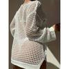 Ausgehöhltes, gestricktes, seitlich geschlitztes Cover-Up ohne Bikini, langärmliges, locker sitzendes Cover-Up-Kleid mit Rundhalsausschnitt, Bademode und Kleidung für Damen