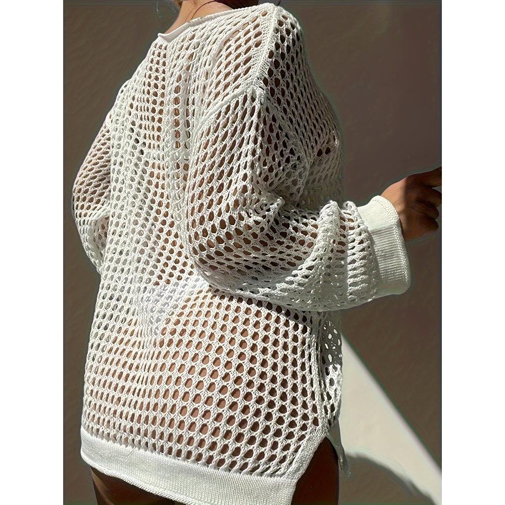 Ausgehöhltes, gestricktes, seitlich geschlitztes Cover-Up ohne Bikini, langärmliges, locker sitzendes Cover-Up-Kleid mit Rundhalsausschnitt, Bademode und Kleidung für Damen