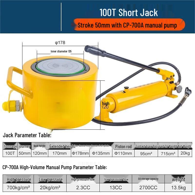 JZDASI 100-Ton Short Type Hydraulic Jack CN plug (adapter included)