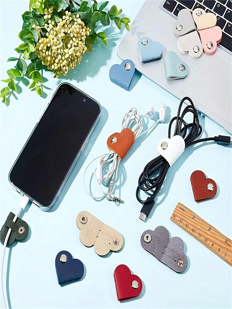 5 Pcs Colorful Heart-Shaped PU Leather Cable Organizers - Keep headphones and charging cables neatly managed with these vibrant