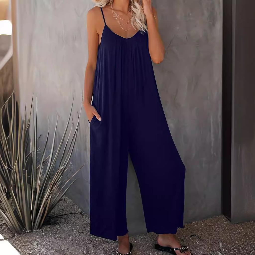 Large Size Women's Jumpsuit, Casual Fashion Temperament Solid Color Suspender Jumpsuit Women