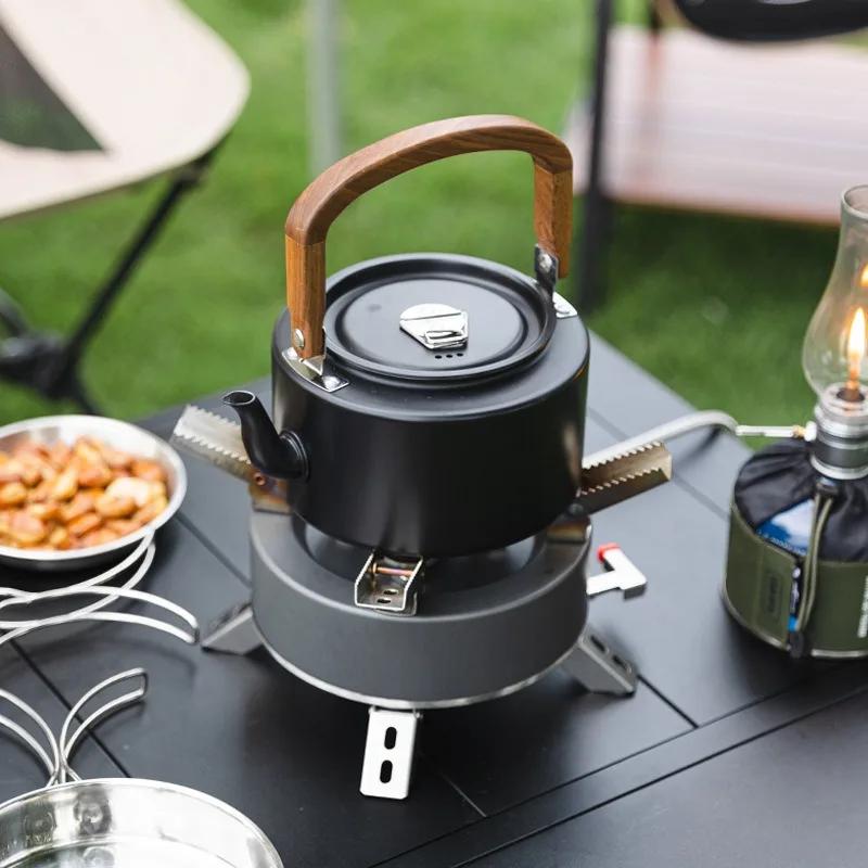 1.2LCamping Kettle Lightweight Aluminum Alloy with Wooden Handle Portable Outdoor Tea Coffee Pot for Hiking Picnic