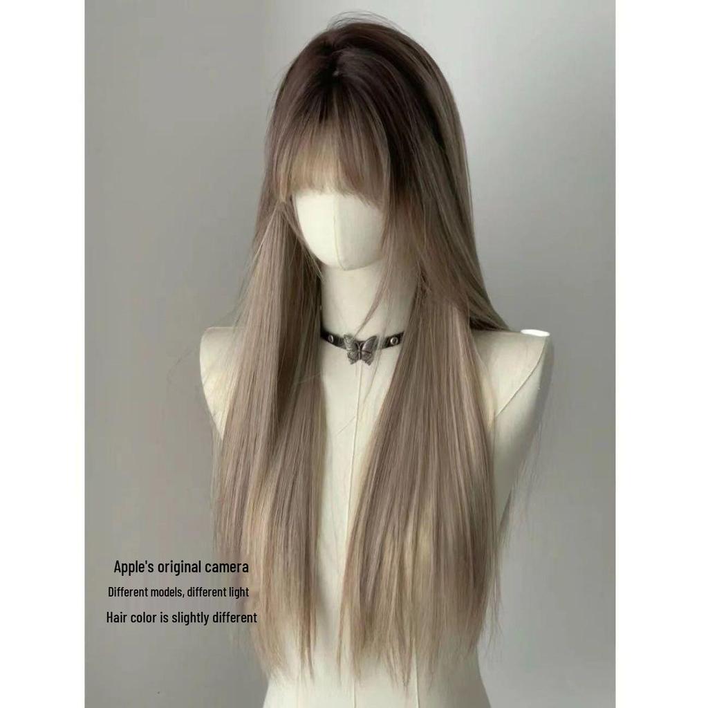KuKu Princess Milk Tea Grey Middle Part Lace Wig - Women's Long Straight Hair Wig