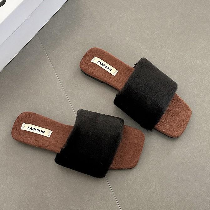 Retro temperament casual cotton drag square head girls fluffy slippers autumn and winter fashion comfortable one-word cotton slippers