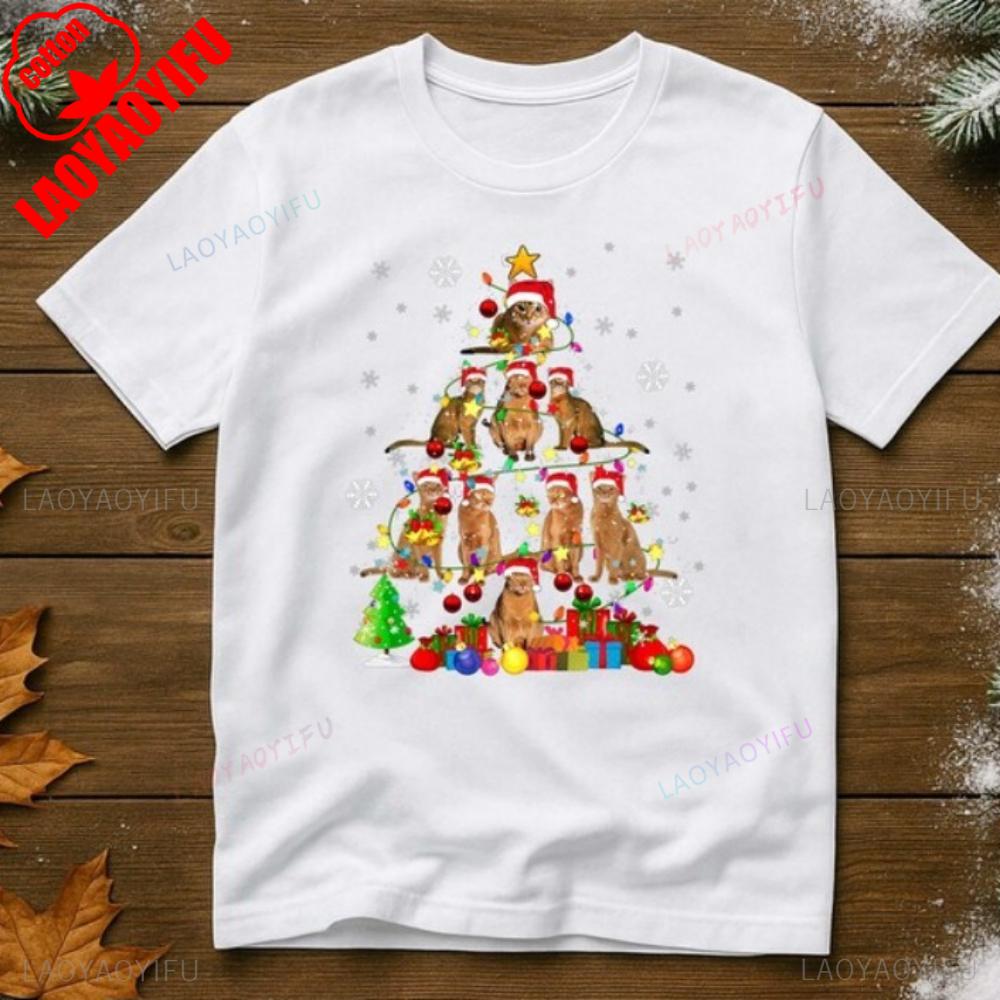 

Christmas Santa Abyssinian Cat TShirt Xmas Lights Graphic Tops High Quality Cotton Shortsleeve Trending Clothes for Cat Lovers 4XL