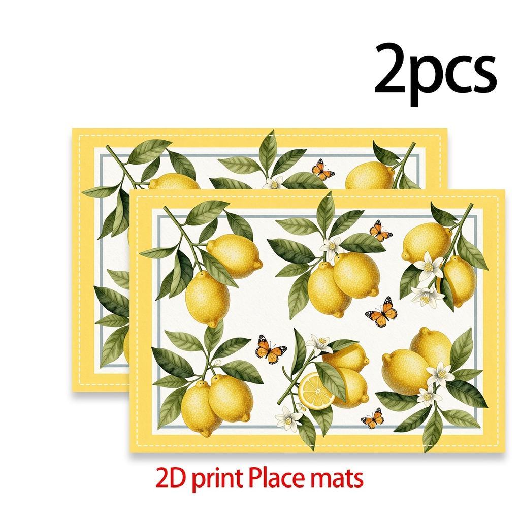 2/4/6pcs Lemon Placemats Suitable for Kitchen & Dining Table Decor - Yellow Lemon Border with Green & White Flower Print Table, Machine Washable