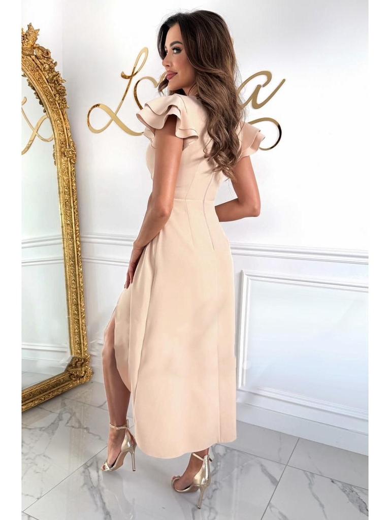Summer 2025 V-Neck Waist-Cinching Ruffle Sleeve Solid Color Fashion Dress