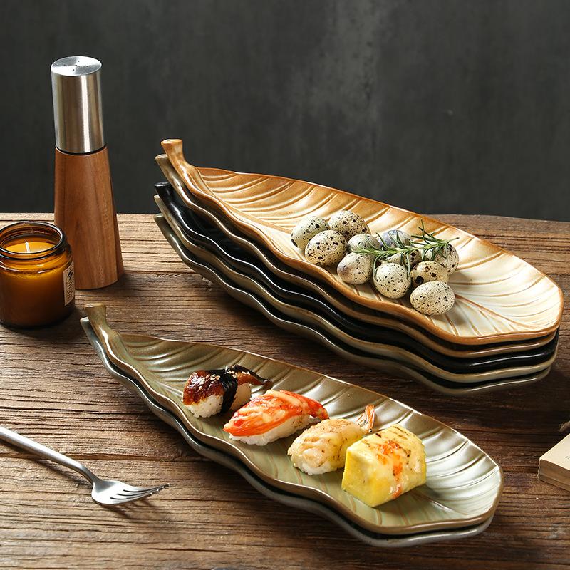 Leaf Stoneware Plate Delicate Barbecue PlateVintage Shaped Ceramic Strip Plate Commercial Sushi Plate