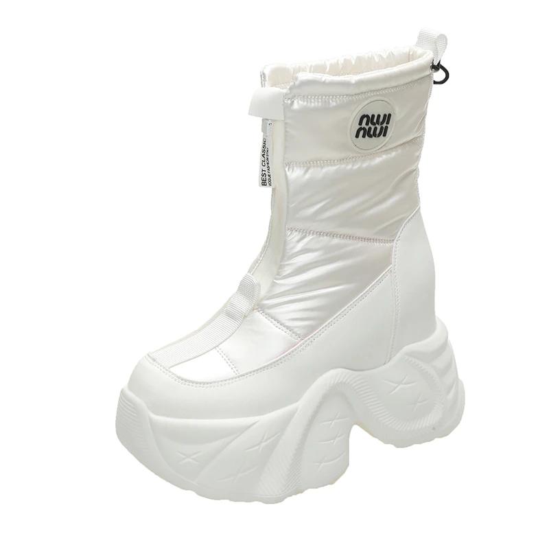 

Модные 10 см Зимние женские меховые сноубутсы Сохраняют тепло Массивные короткие ботинки Уличная плюшевая обувь до середины икры Платформа Противоскользящие кожаные кроссовки 39 серебряный