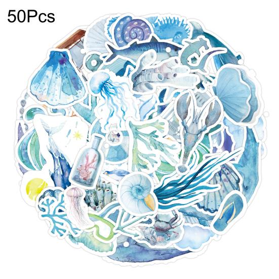 50Pcs Blue Ocean Graffiti Stickers Waterproof Strong Adhesive Clear Print Luggage Water Bottles Laptops Stickers DIY Decoration