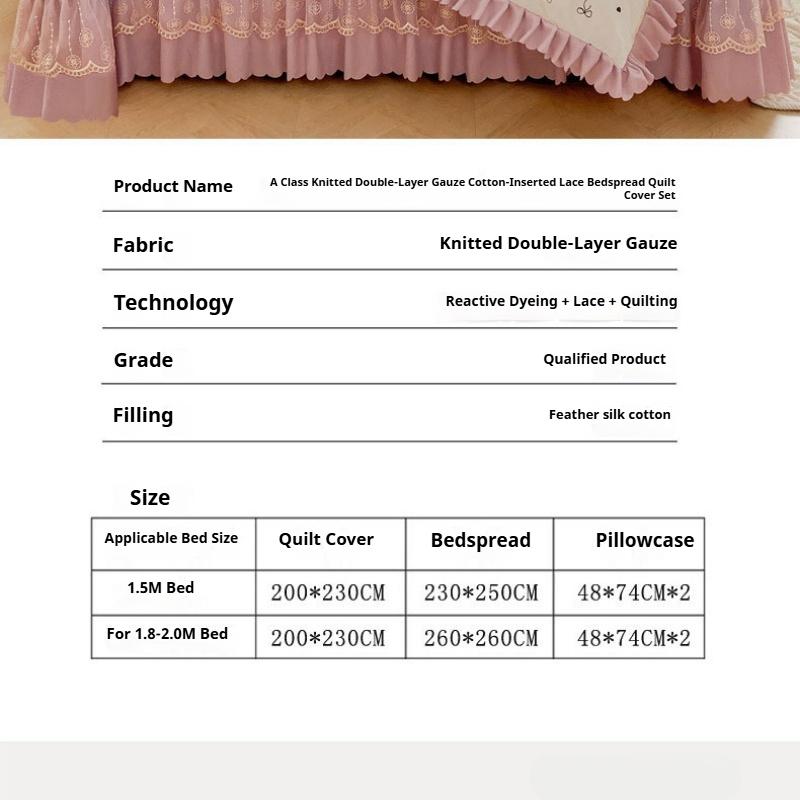 Pure Cotton Double-layer Yarn Quilt Cover Bed Skirt Lace Single-piece Three-piece Four-piece Set Four-season Universal Bed Sheet Quilt Cover