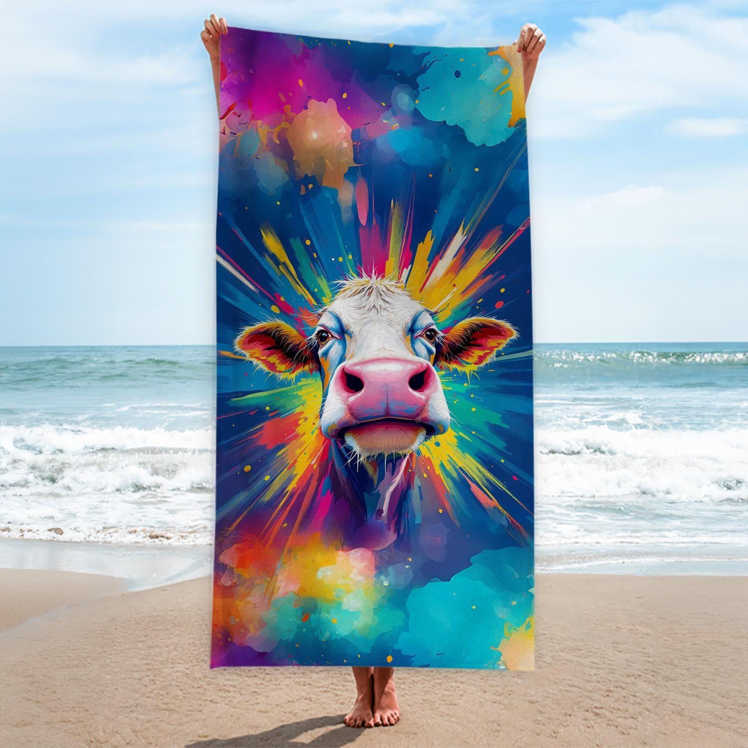 

Vibrant Rainbow Cow Beach Towel, Colorful Watercolor Splash Art Summer Beach Towel for Animal Lovers W30*H60(CM)