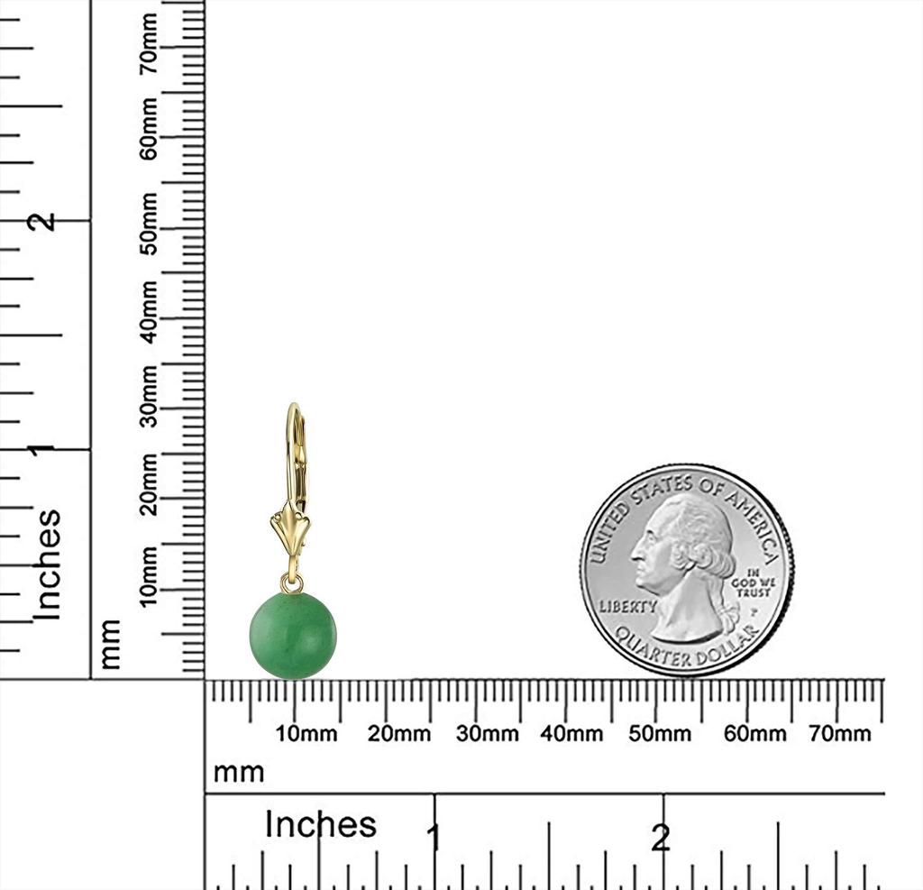 Real 14K Yellow Gold Created Green Jade Round Bead Lever Back Dangling Ball Drop Earrings For Women March Birthstone
