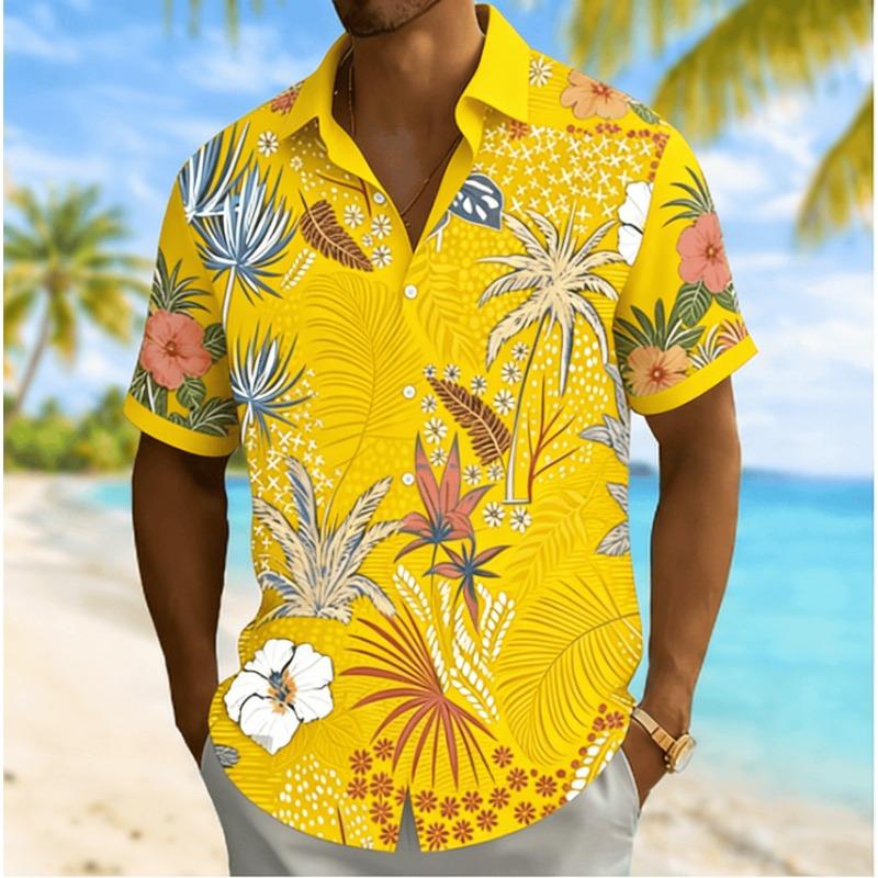 Men's Tropical Floral Print Short Sleeve Shirt, Spring Summer Beach Vacation Casual Top