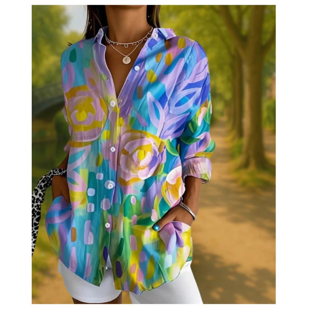Plus Size Women Long Sleeve Button Shirt Solid Floral Casual Comfort Blouse