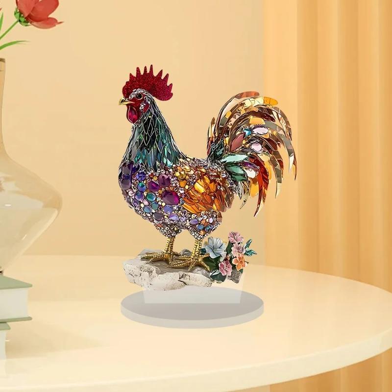 1pc Creative Handmade Colorful 2D Acrylic Mascot Beautiful Rooster Jewelry Statue, Office, Home Desktop, Friend Gift Decoration
