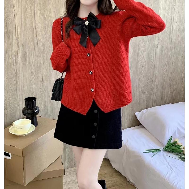 Spring and Autumn New Sweet Casual Design Jacket Women's Bow Crew Neck Fashion Knitted Cardigan Sweater Women's