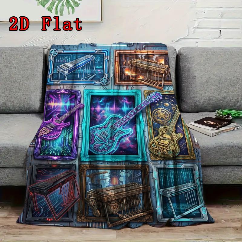 Futuristic Musical Instruments 2D Flat Pattern Flannel Blanket, High Quality All Seasons, Home Decor, Warmth and Comfort, Perfect for Christmas Gifts.