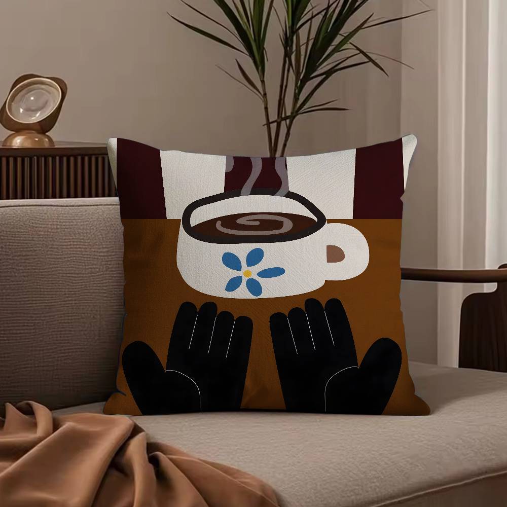 Creative Coffee Illustration Pillow Case Anti-dustmite Pillowcase Invisible zipper silky short plush Sofa cushion cover